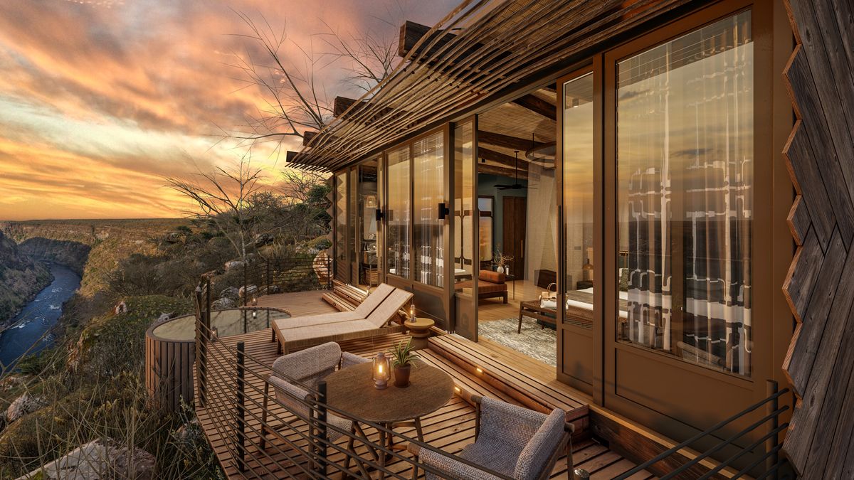 Bupenyu Lodge perched above the Batoka Gorge overlooking the Zambezi River at sunset