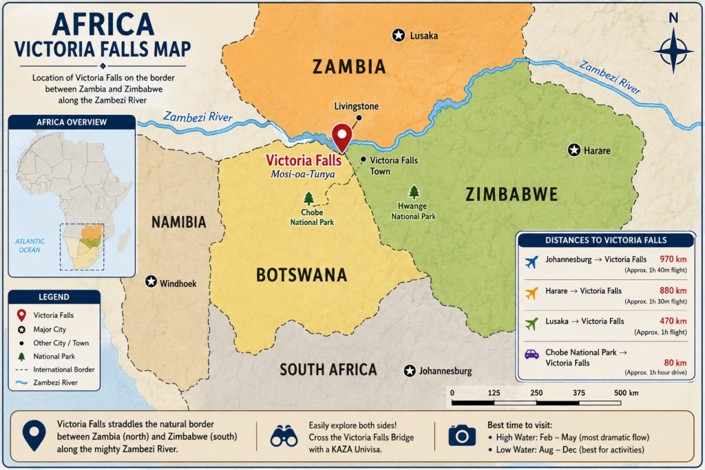 Map showing where Victoria Falls is located in Southern Africa on the border between Zimbabwe and Zambia along the Zambezi River.